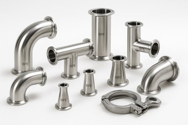 Stainless steel sanitary pipe fittings including elbows, tees and reducers