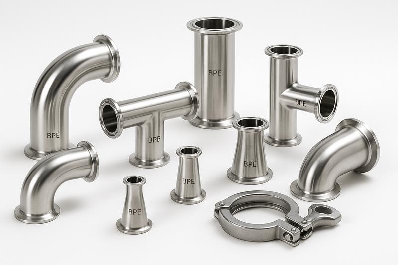 Stainless steel sanitary pipe fittings including elbows, tees and reducers